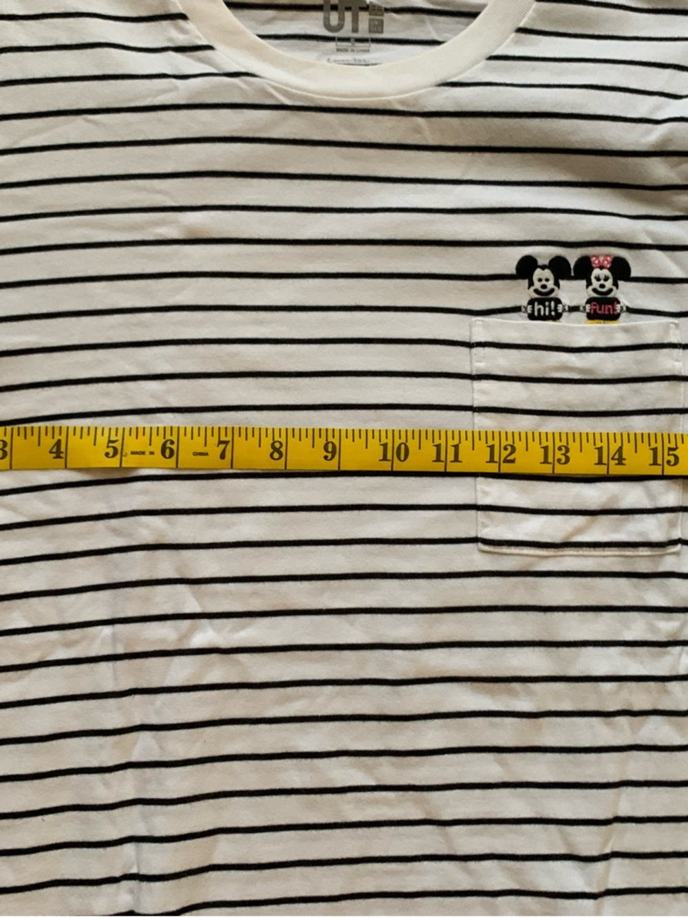 Uniqlo White & Black Striped Pocket Tee with Mickey & Minnie Embroidery - Picture 9 of 11